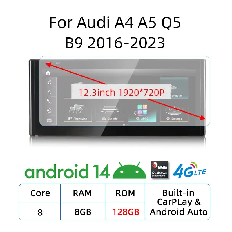 12.3 Android 14 Wireless Carplay For Audi A4 A5 Q5 B9