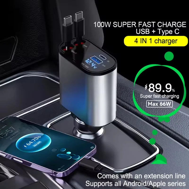 4 in 1 120W Car Charger Retractable Car Cigarette Lighter Adapter