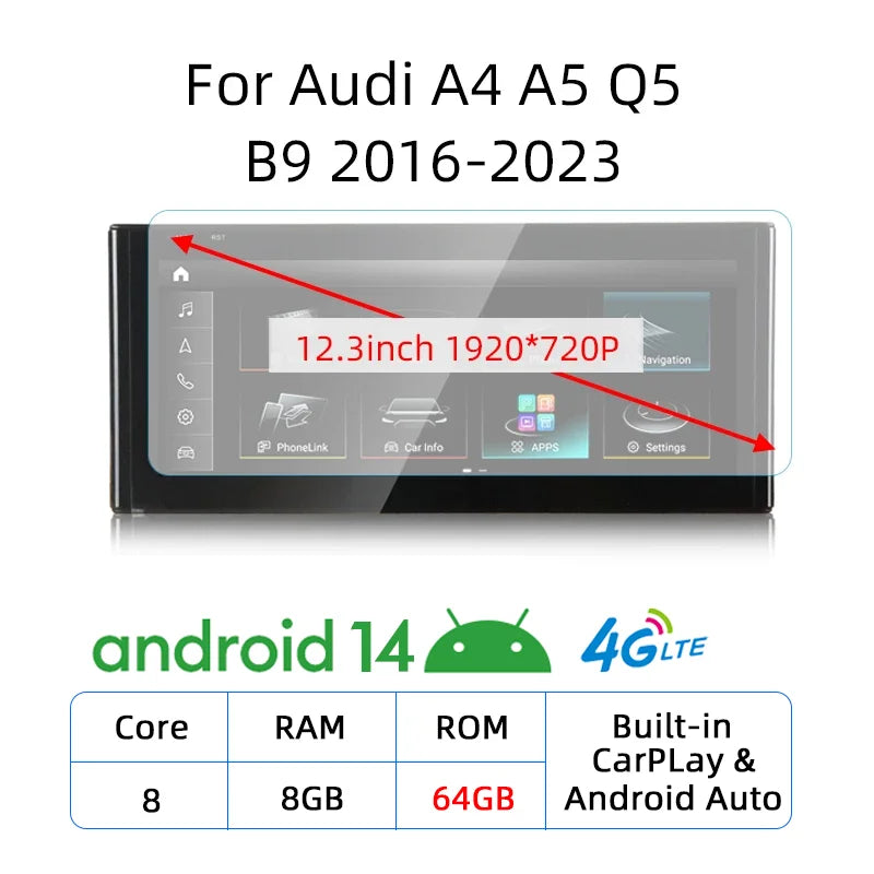 12.3 Android 14 Wireless Carplay For Audi A4 A5 Q5 B9