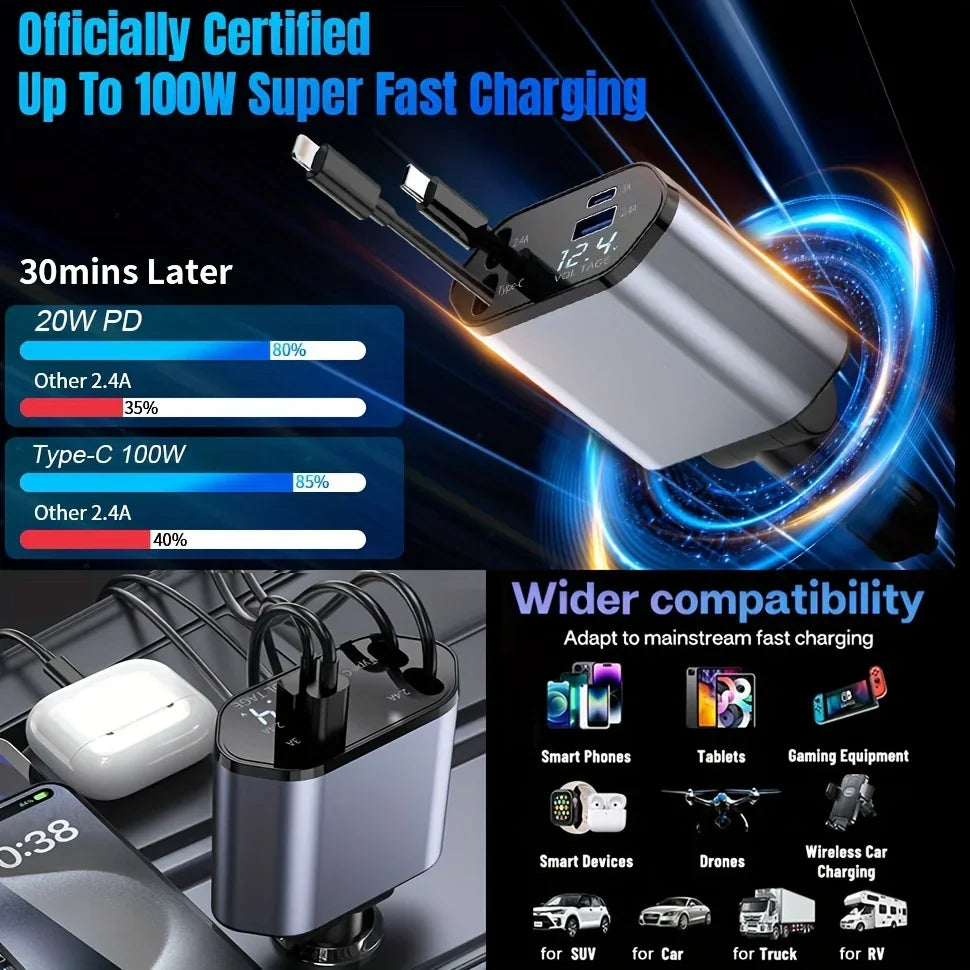 4 in 1 120W Car Charger Retractable Car Cigarette Lighter Adapter